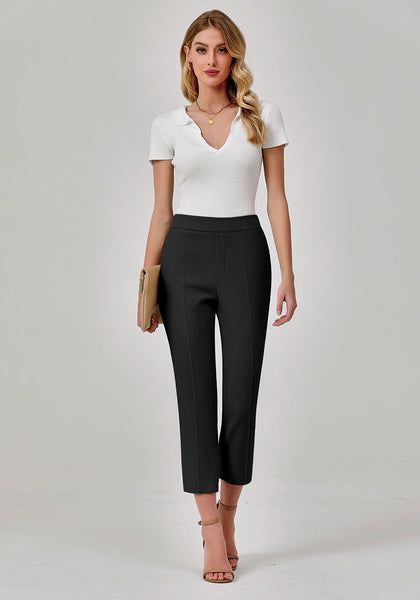 Black Women's High Waisted Back Elastic Waist Pull On Straight Leg Cropped Pants