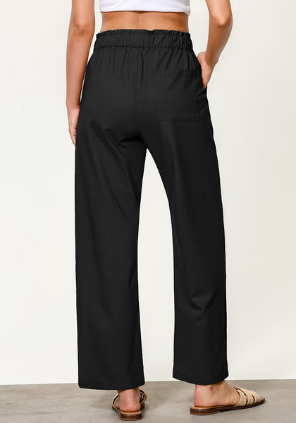 Black Women's Casual Full Length Elastic High Waist Relaxed Fit Wide Leg Pants with Pocket