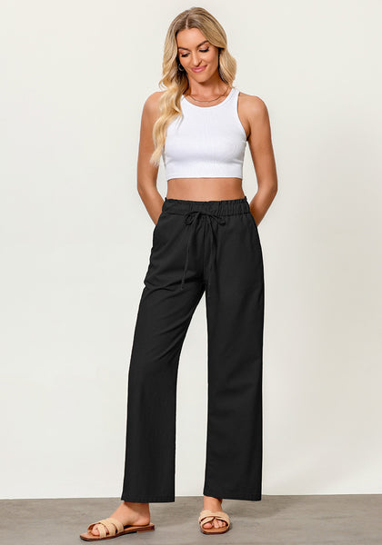 Black Women's Casual Full Length Elastic High Waist Relaxed Fit Wide Leg Pants with Pocket