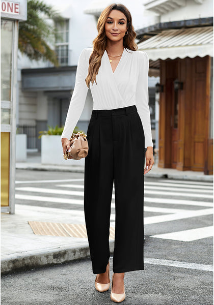 Petite Black High Waisted Wide Leg Pants for Women Business Casual Flowy Trouser