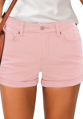 Candy Pink Women's High Waisted Rolled Hem Distressed Jeans Ripped Denim Shorts