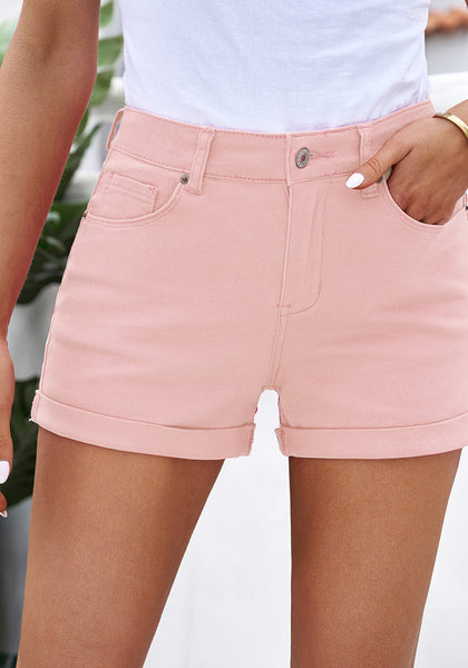 Candy Pink Women's High Waisted Rolled Hem Distressed Jeans Ripped Denim Shorts