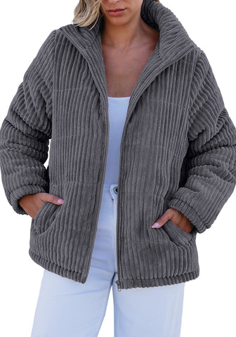 Dark Gray Women Casual Corduroy Winter Full Front Zip Stand Neck Long Fit Moderate Jackets