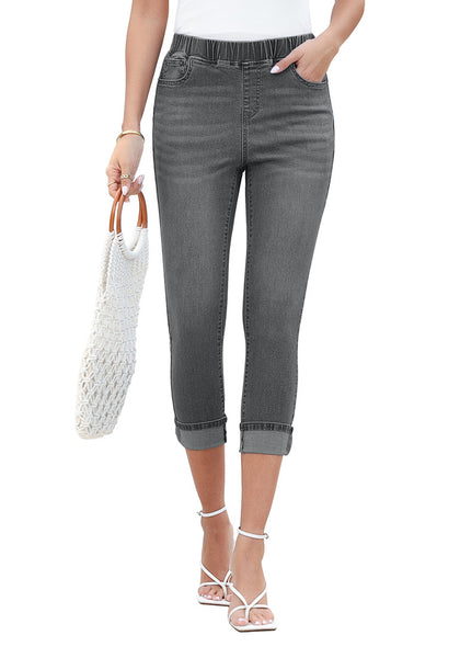 Smokey Grey Women's High Waisted Elastic Slight Stretch Denim Pull On Cuffed Hem Capri Jeans Denim Pants