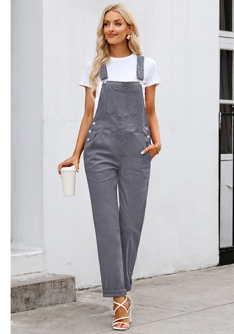 Gray Women's Casual Stretch Denim Bib Overalls Pants Pocketed Jeans Jumpsuits