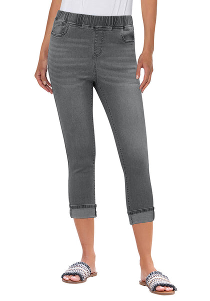 Smokey Grey Women's High Waisted Elastic Slight Stretch Denim Pull On Cuffed Hem Capri Jeans Denim Pants