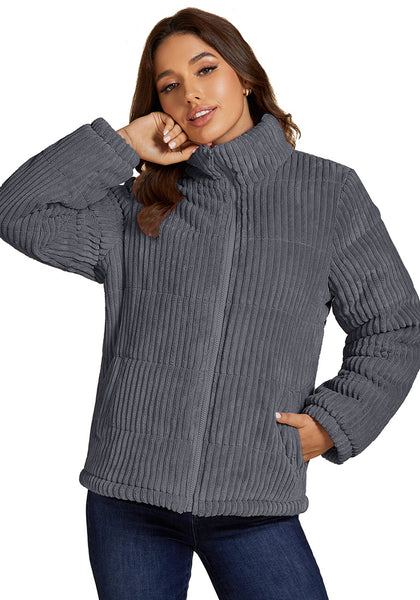 Dark Gray Women Casual Corduroy Winter Full Front Zip Stand Neck Long Fit Moderate Jackets