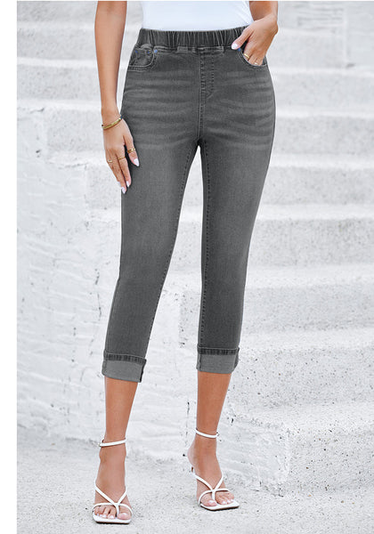 Smokey Grey Women's High Waisted Elastic Slight Stretch Denim Pull On Cuffed Hem Capri Jeans Denim Pants