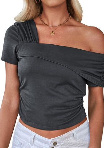 Dark Gray Women's Crop Short Sleeve Summer Tops One Shoulder Off Sholder Tops