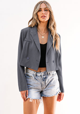 Gray Women's Cropped Business Casual Blazers Lapel Work Office Jackets