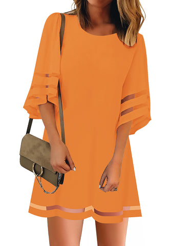 Orange Women Casual Crewneck Mesh Panel 3/4 Bell Sleeve Loose Tunic Dress