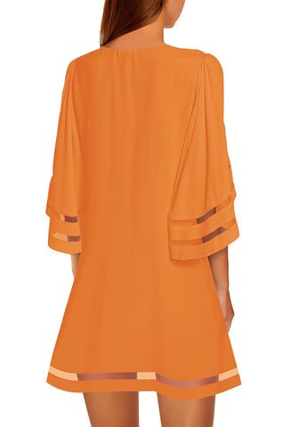 Orange Women Casual Crewneck Mesh Panel 3/4 Bell Sleeve Loose Tunic Dress