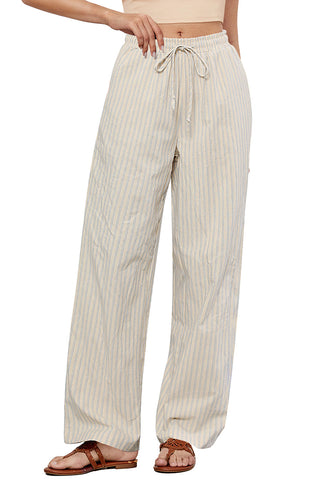 Beige Blue Stripe Women's Drawstring Full Length High Waist Long Pants Wide Leg Striped Trousers