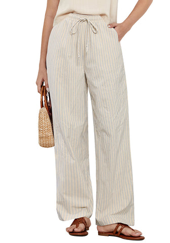 Beige Blue Stripe Women's Drawstring Full Length High Waist Long Pants Wide Leg Striped Trousers