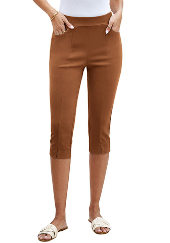 Leather Brown Women's Capri High Waisted Pant Skinny Fit Pocket Stretch Legging Trousers
