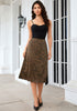 Dark Brown Cheetah Satin Midi Skirt — High Waisted A Line Slip Skirt with Slit, Lace Trim & Stretchy Waist