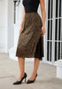 Dark Brown Cheetah Satin Midi Skirt — High Waisted A Line Slip Skirt with Slit, Lace Trim & Stretchy Waist