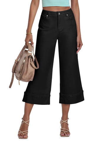 True Black Women's High Waisted Wide Leg Denim Jeans Cuffed Hem Baggy Pockets Capri Pants
