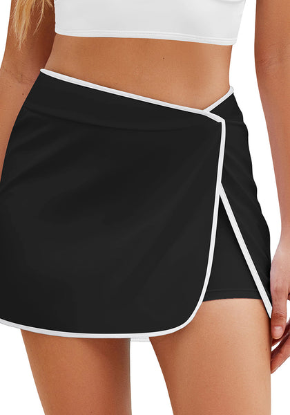 Black with White Trim Women's Low Slanted Waisted Tankini Bathing Suit Bottom Brief Front Slit Swim Skirted
