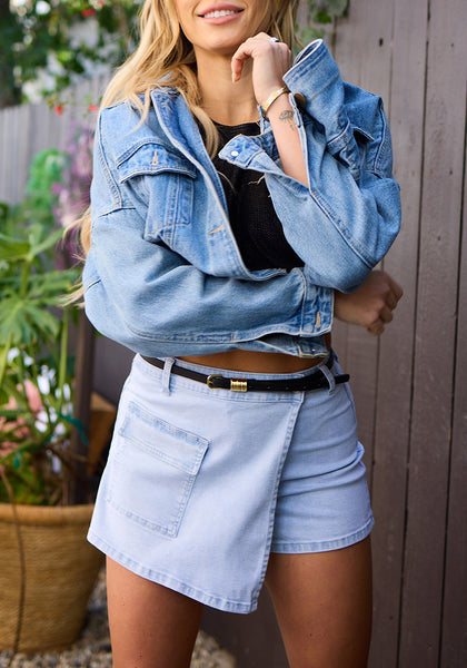 Cool Blue Denim Skorts for Woman Cargo Faux Wrap Jean Skort Skirts Stretchy High Waisted Skirt Shorts