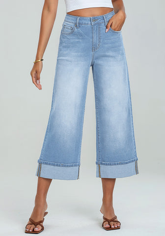 Roadnight Blue Women's High Waisted Wide Leg Denim Jeans Cuffed Hem Baggy Pockets Capri Pants