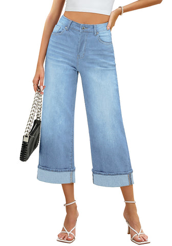 Roadnight Blue Women's High Waisted Wide Leg Denim Jeans Cuffed Hem Baggy Pockets Capri Pants