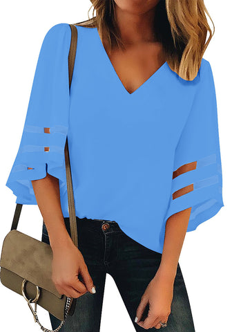 Dressy Tops for Women Women's Summer Casual V Neck Mesh Panel 3/4 Bell Sleeve Loose Blouse Top