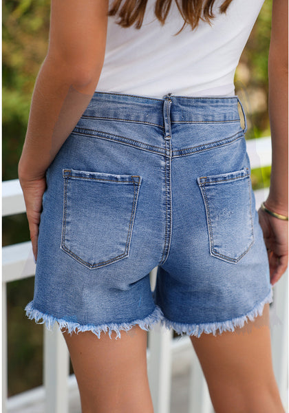 Classic Blue Women's High Waisted Denim Jeans Shorts Frayed Raw Hem Crossover Waist Casual Summer Shorts