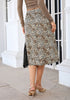 Sand Cheetah Satin Midi Skirt — High Waisted A Line Slip Skirt with Slit, Lace Trim & Stretchy Waist