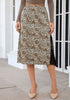 Sand Cheetah Satin Midi Skirt — High Waisted A Line Slip Skirt with Slit, Lace Trim & Stretchy Waist