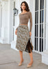 Sand Cheetah Satin Midi Skirt — High Waisted A Line Slip Skirt with Slit, Lace Trim & Stretchy Waist