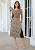 Sand Cheetah Satin Midi Skirt — High Waisted A Line Slip Skirt with Slit, Lace Trim & Stretchy Waist