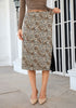 Sand Cheetah Satin Midi Skirt — High Waisted A Line Slip Skirt with Slit, Lace Trim & Stretchy Waist