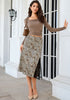 Sand Cheetah Satin Midi Skirt — High Waisted A Line Slip Skirt with Slit, Lace Trim & Stretchy Waist