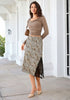 Sand Cheetah Satin Midi Skirt — High Waisted A Line Slip Skirt with Slit, Lace Trim & Stretchy Waist