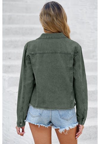 Army Green Acid Washed Women's Denim Frayed Hem Button Up Distressed Jackets