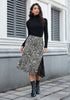 Black & White Leopard Satin Midi Skirt — High Waisted A Line Slip Skirt with Slit, Lace Trim & Stretchy Waist
