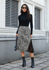 Black & White Leopard Satin Midi Skirt — High Waisted A Line Slip Skirt with Slit, Lace Trim & Stretchy Waist