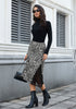 Black & White Leopard Satin Midi Skirt — High Waisted A Line Slip Skirt with Slit, Lace Trim & Stretchy Waist