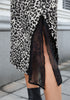 Black & White Leopard Satin Midi Skirt — High Waisted A Line Slip Skirt with Slit, Lace Trim & Stretchy Waist