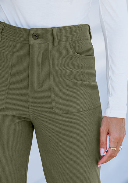 Olive Green Women's High Quality Corduroy Pants High Waist Winter Flared Pants Carry Pockets