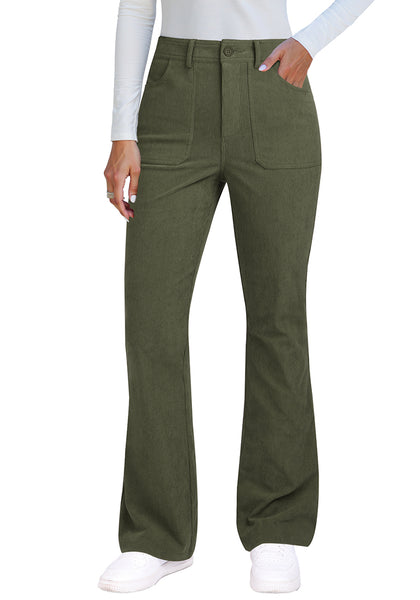 Olive Green Women's High Quality Corduroy Pants High Waist Winter Flared Pants Carry Pockets