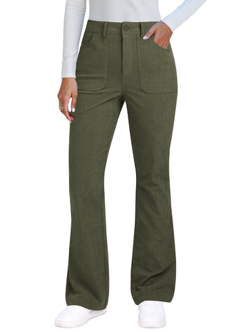 Olive Green Women's High Quality Corduroy Pants High Waist Winter Flared Pants Carry Pockets