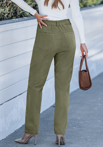 Olive Green - Women's High Waist Straight Leg Corduroy Pants with Comfort Stretch Waistband Vintage Casual Fall Winter