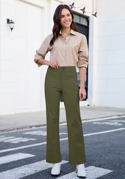 Olive Green  Women's Wide Leg Corduroy Pants Fashion High Waisted Pants with Pockets