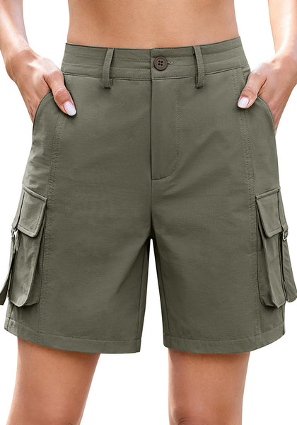 LookbookStore Women's Dusty Olive High Waist Cargo Shorts, 7" Inseam Elastic Waist Casual Mid Thigh Shorts, Utility Pockets Hiking Golf Outdoor Shorts