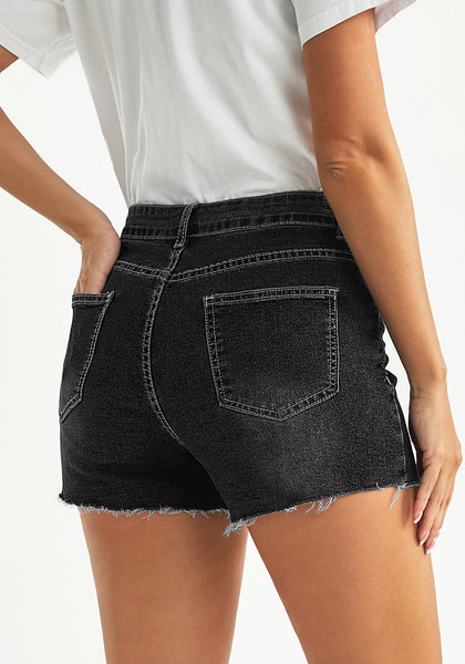 Washed Black Women's High Waisted Distressed Denim Jeans Shorts Ripped Raw Hem Jean Shorts
