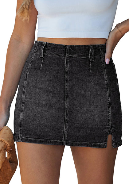 LookbookStore Women's Washed Black High Waisted Side Slit Denim Skorts, Stretchy Mini Skirt with Shorts, Country Concert Style