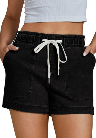 Washed Black Women's Comfy Denim Drawstring Flat Front Jean Pocket Shorts Stretch Utility Styles
