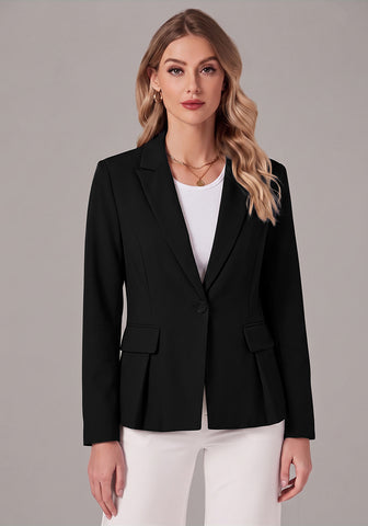Black Women's  Peplum Suit Jacket Blazer, Tailored Fitted Long Sleeve with Built-in Shoulder Pads, Dressy Casual for Office, Business & Everyday Wear